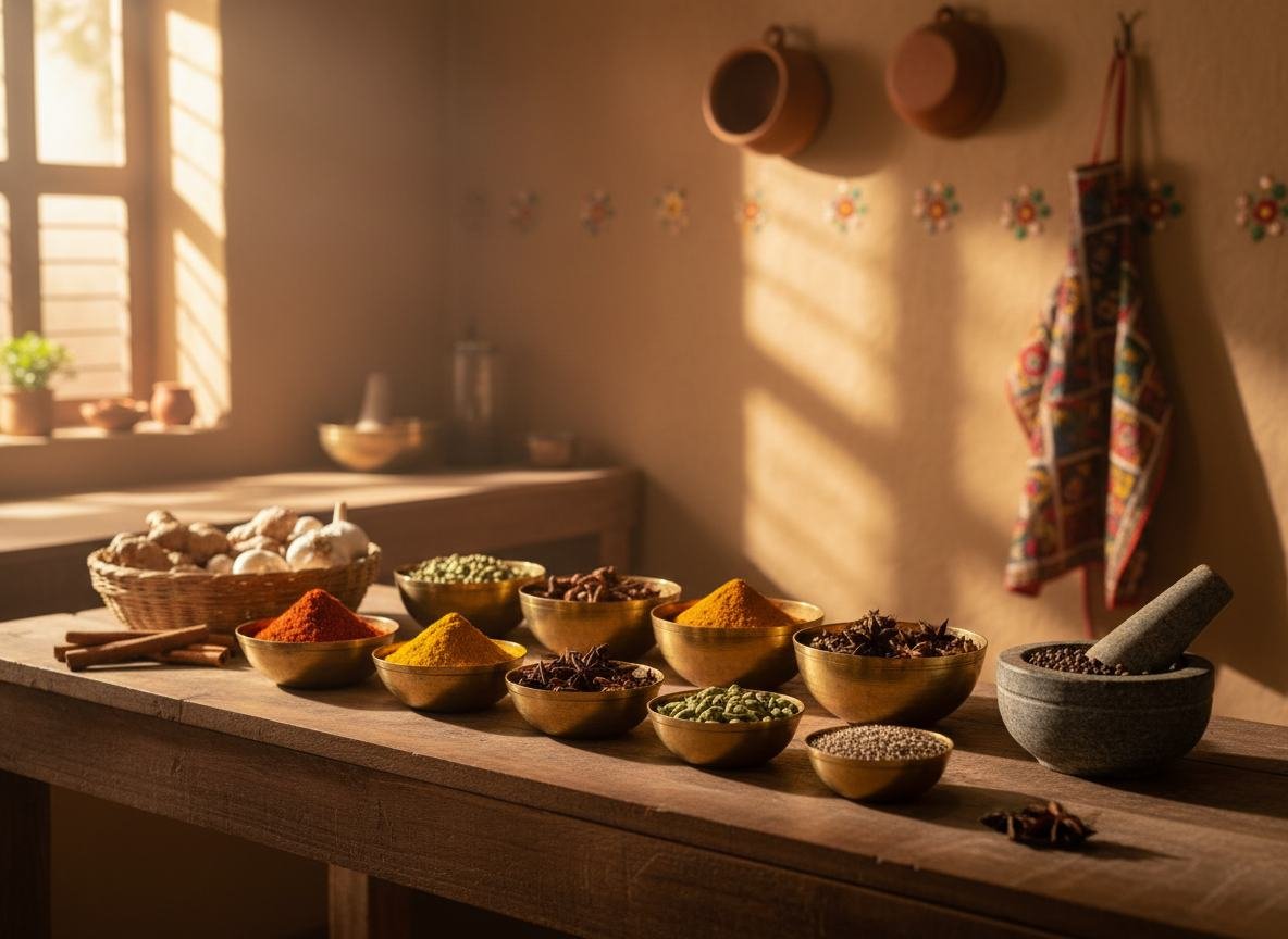 A home kitchen decorated with Indian spices A home kitchen decorated with Indian spices