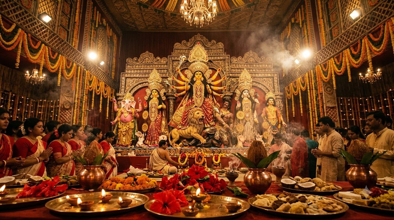 Goddess Durga idol in a decorated Navratri pandal