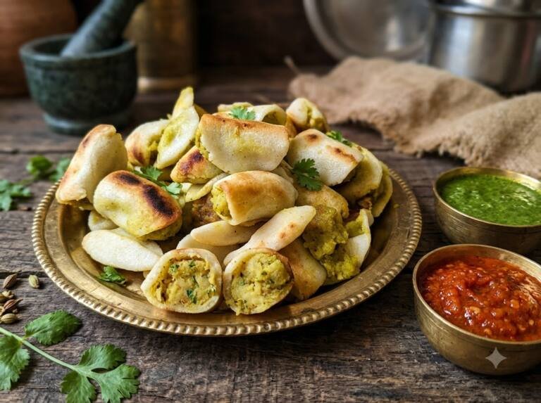 चावल के आटे और आलू की स्टफिंग से बने देसी स्टाइल आलू के फरे चावल के आटे और आलू की स्टफिंग से बने देसी स्टाइल आलू के फरे